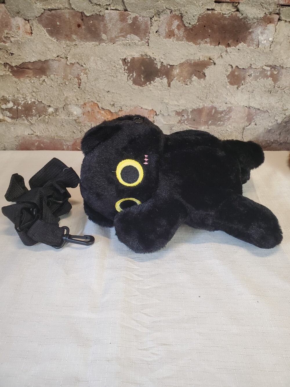 Black Cat Plush Crossbody Bag Purse Yellow Eyes Stitched Face Zipper Strap